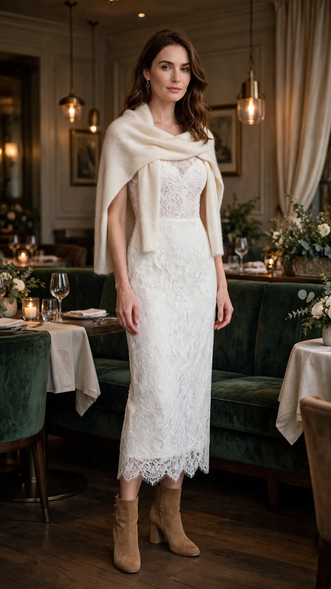 Winter white lace sheath dress with block-heel ankle boots and a cashmere wrap