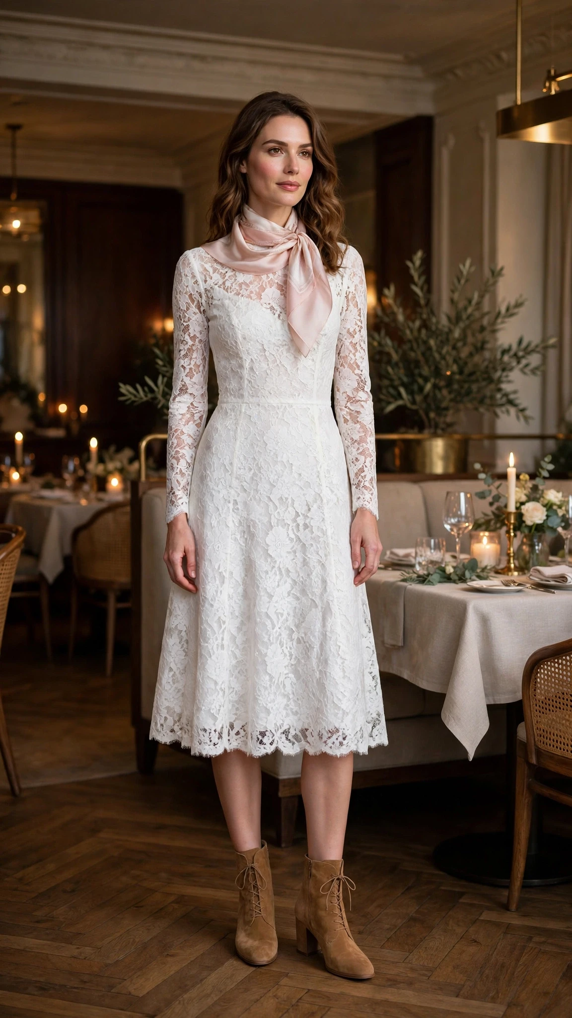 Winter white lace tea-length dress with suede ankle boots and a silk scarf