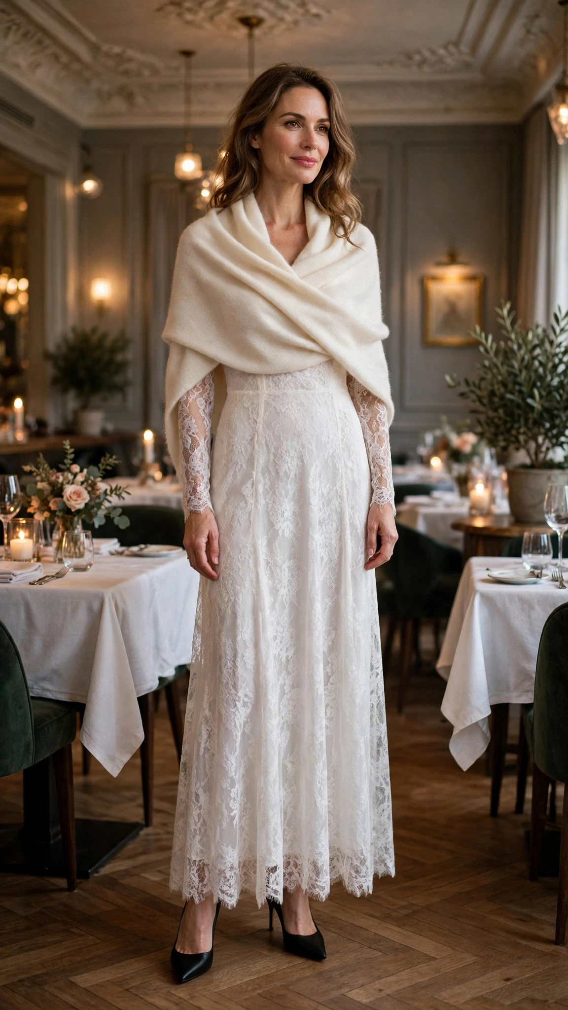 Soft white lace party dress with black pointed heels and a cashmere wrap