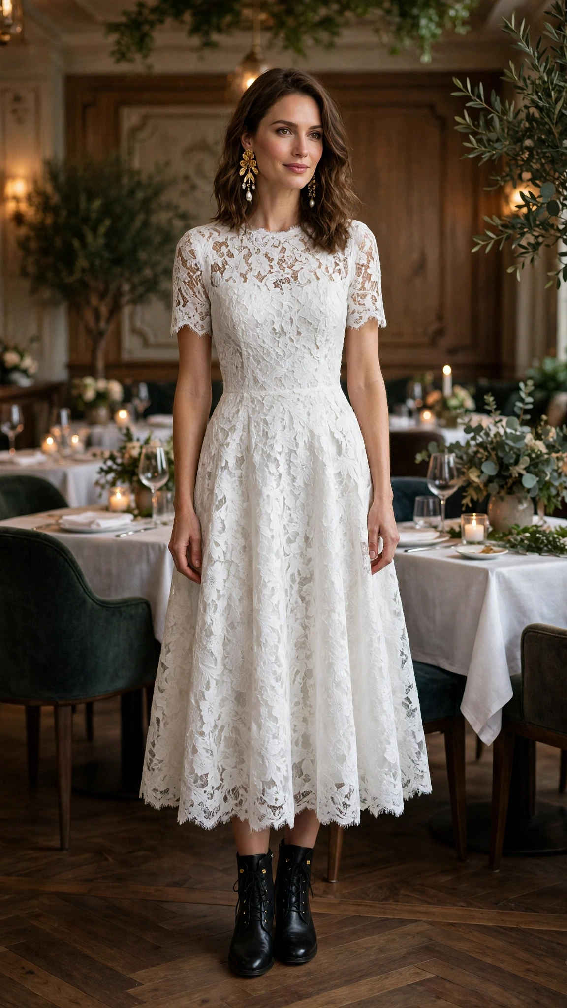 White lace fit-and-flare dress with leather ankle boots and statement earrings