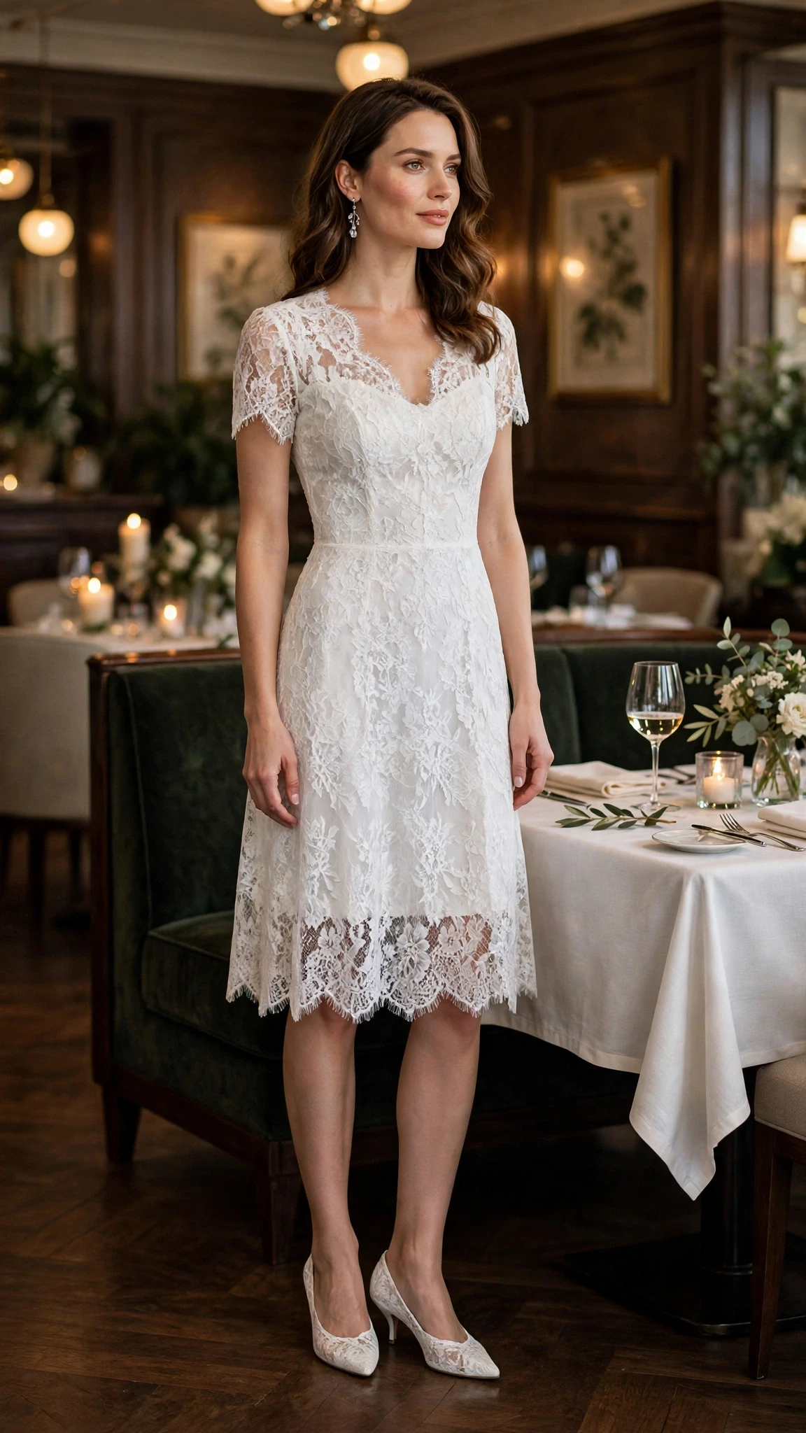 White lace party dress with kitten heels and silver drop earrings