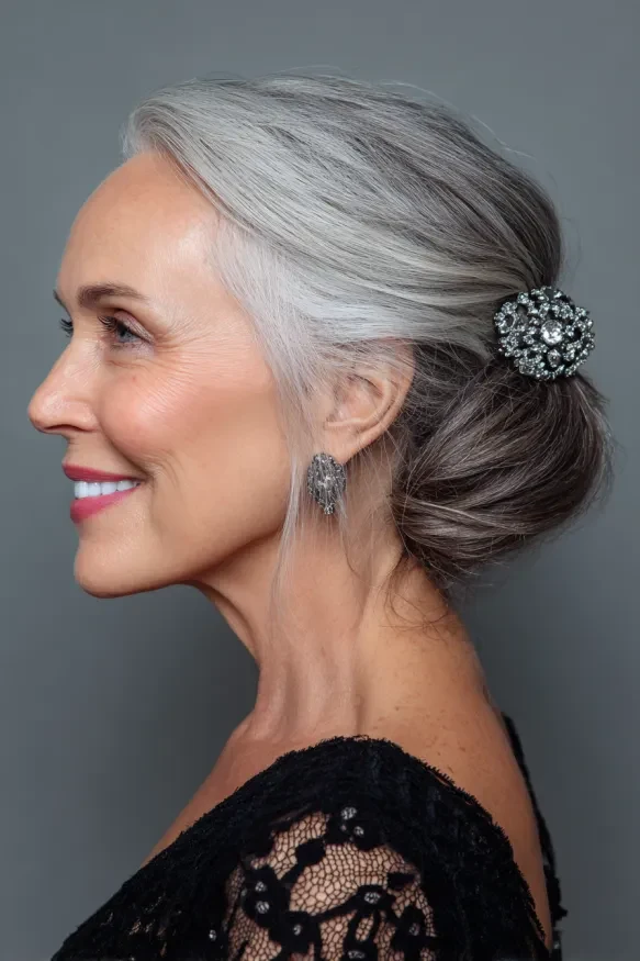 40 Winter Chignon Hairstyles for Women Over 70 with a Soft Low Bun - Idea 13