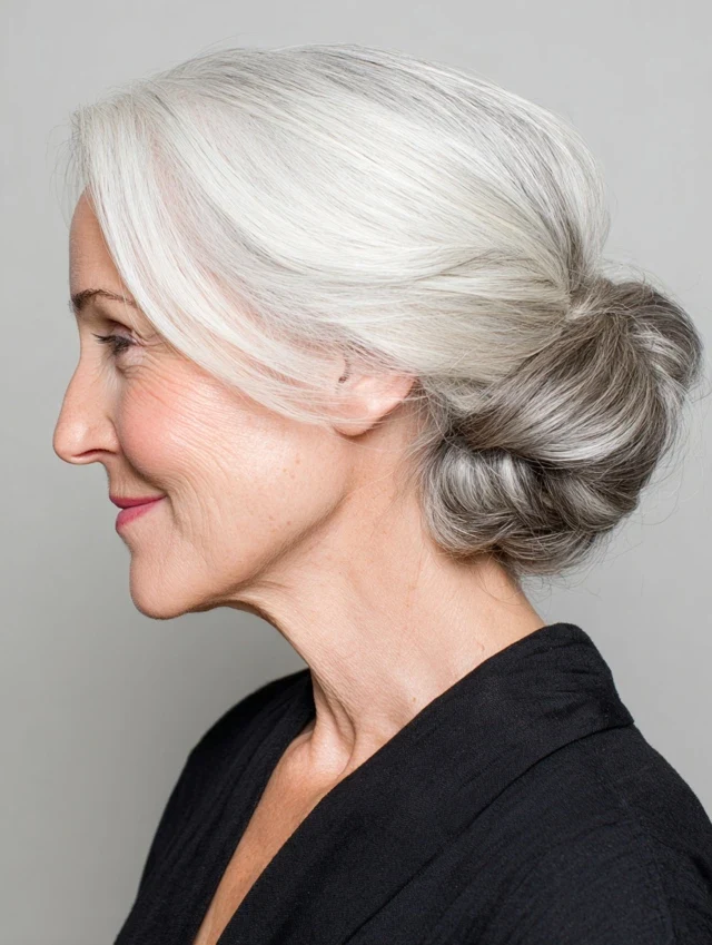 40 Winter Chignon Hairstyles for Women Over 70 with a Soft Low Bun - Idea 20