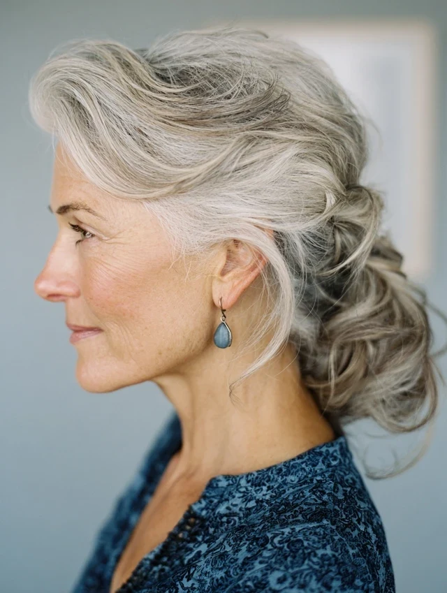 40 Winter Chignon Hairstyles for Women Over 70 with a Soft Low Bun - Idea 25