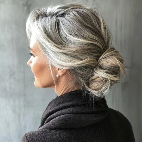 40 Winter Chignon Hairstyles for Women Over 70 with a Soft Low Bun - Idea 27
