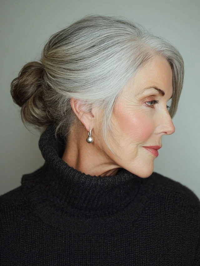 40 Winter Chignon Hairstyles for Women Over 70 with a Soft Low Bun - Idea 37