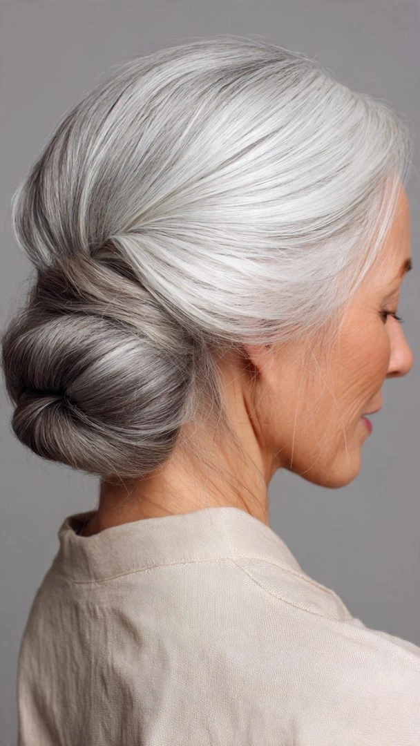 33 Winter Chignon Hairstyles for Women Over 70 with Grey Hair and Gentle Volume - Idea 9