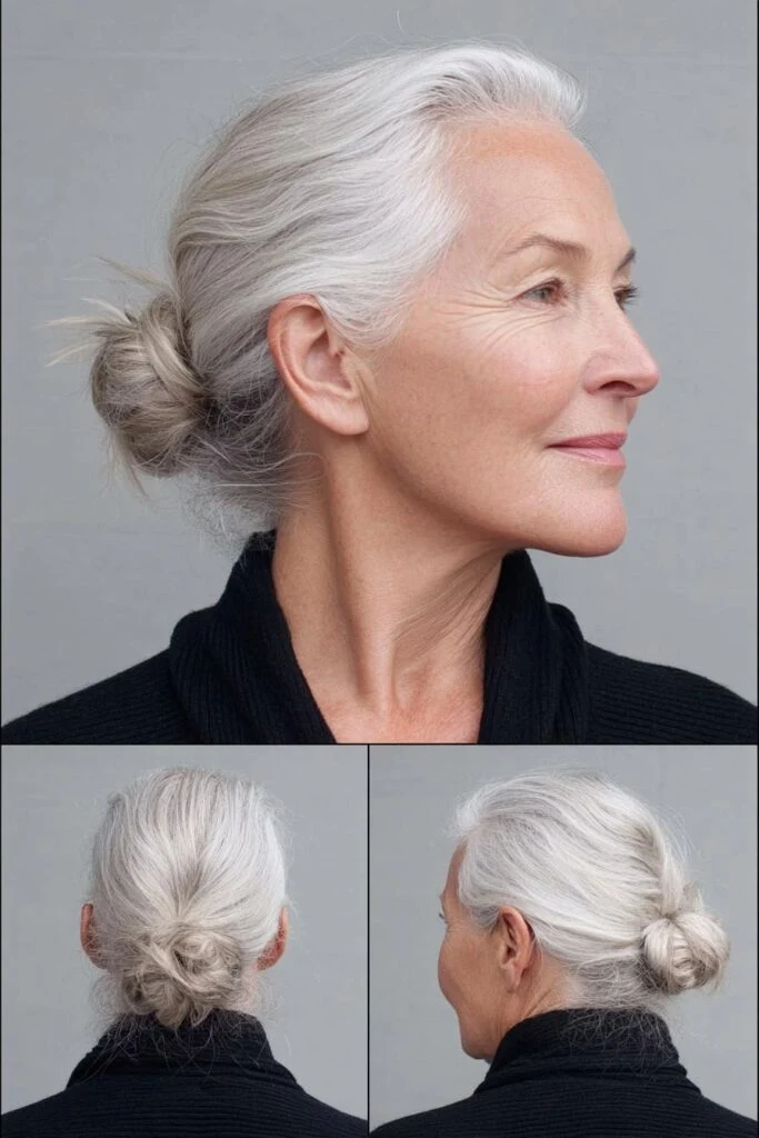 33 Winter Chignon Hairstyles for Women Over 70 with Grey Hair and Gentle Volume - Idea 25