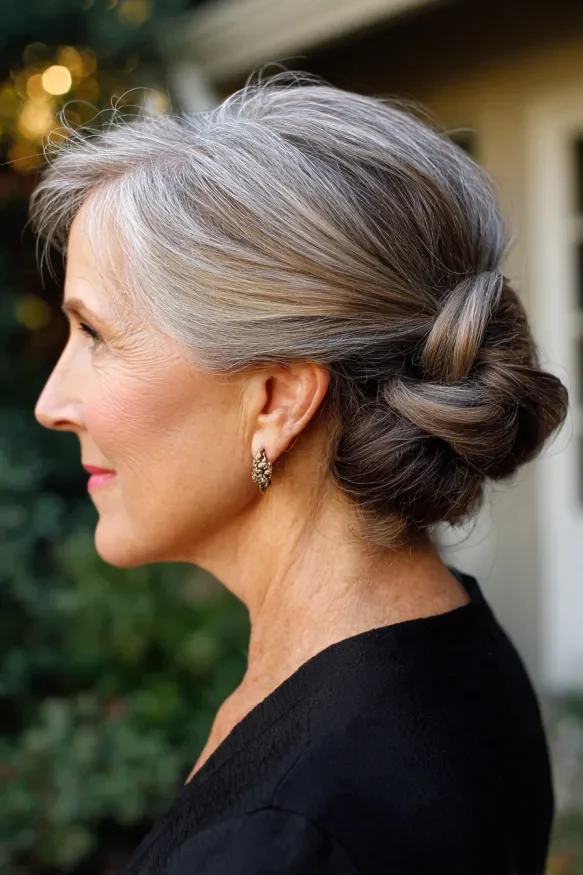 33 Winter Chignon Hairstyles for Women Over 70 with Grey Hair and Gentle Volume - Idea 28