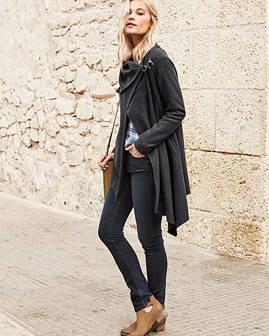 Charcoal Long Cardigan with Navy Skinny Jeans and Tan Ankle Boots