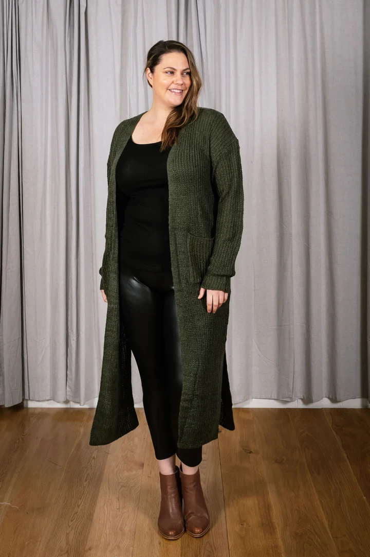 Olive Long Cardigan with Black Leggings and Brown Ankle Boots