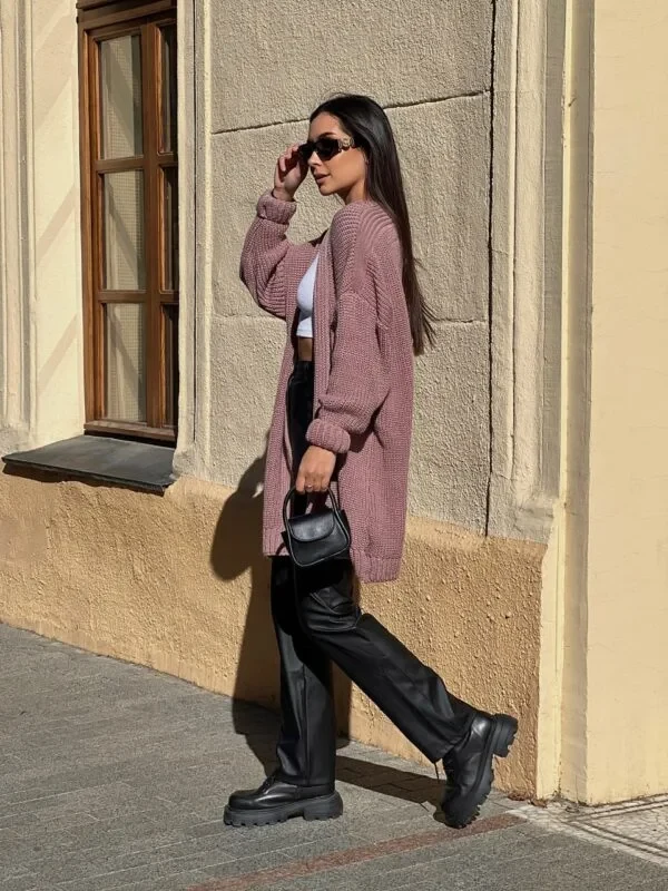 Dusty Pink Long Cardigan with Black Leather Trousers and Black Ankle Boots