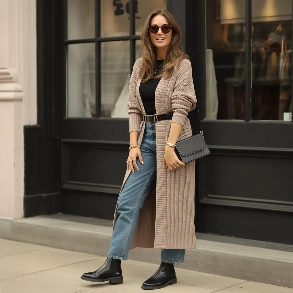 Beige Long Cardigan with Blue Jeans and Black Ankle Boots