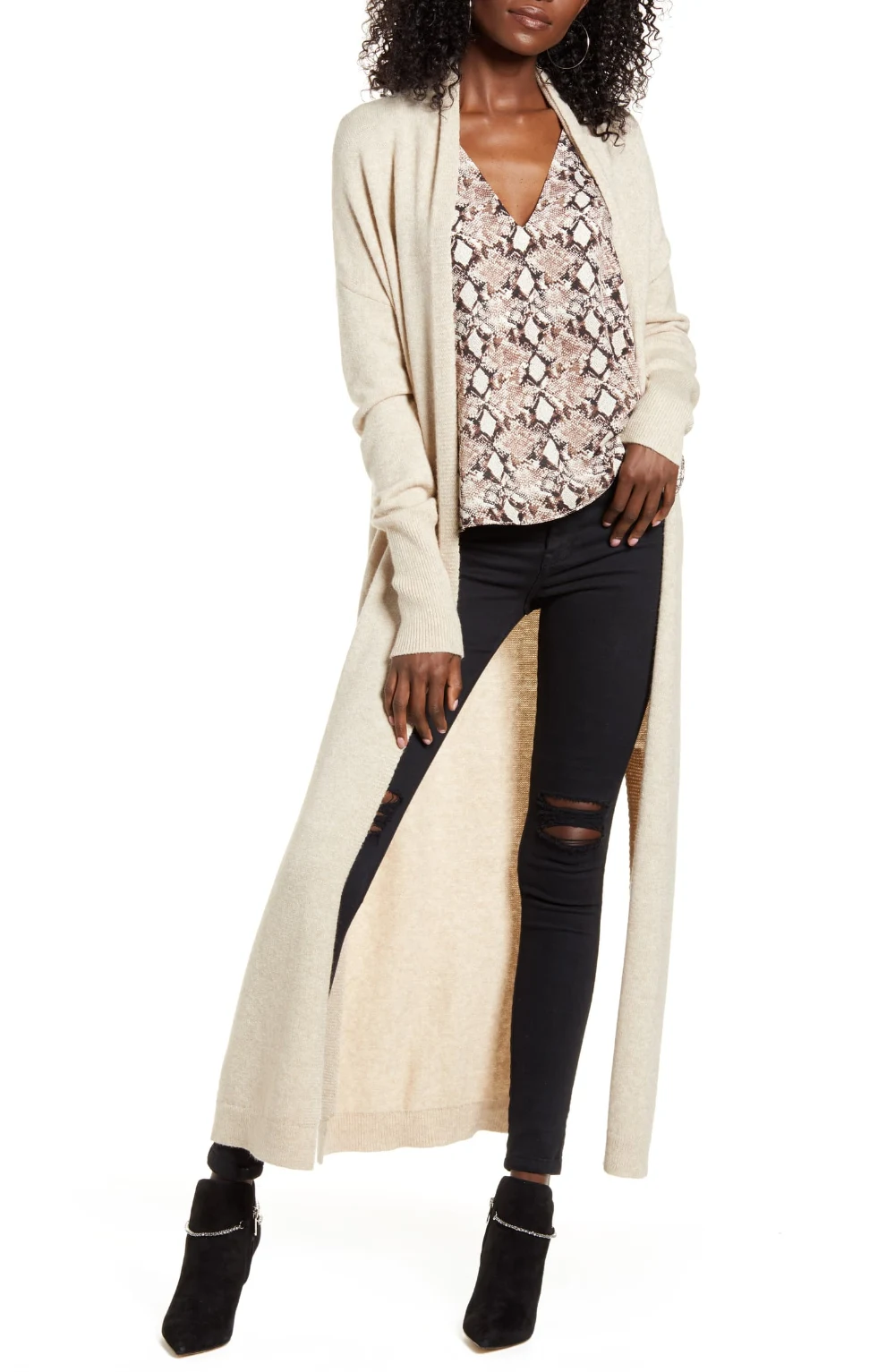 Cream Long Cardigan with Black Skinny Jeans and Black Suede Ankle Boots