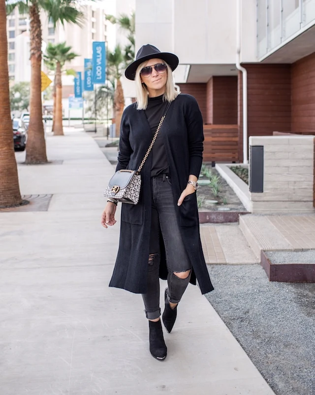 Black Long Cardigan with Black Skinny Jeans and Black Ankle Boots