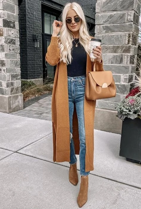 Camel Long Cardigan with Blue Jeans and Brown Ankle Boots