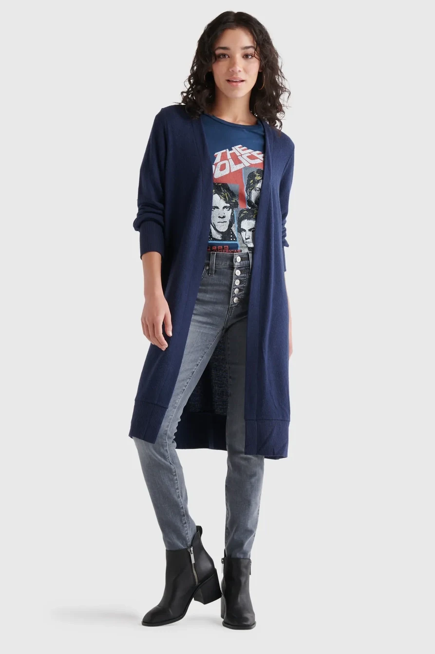 Navy Long Cardigan with Grey Skinny Jeans and Black Ankle Boots