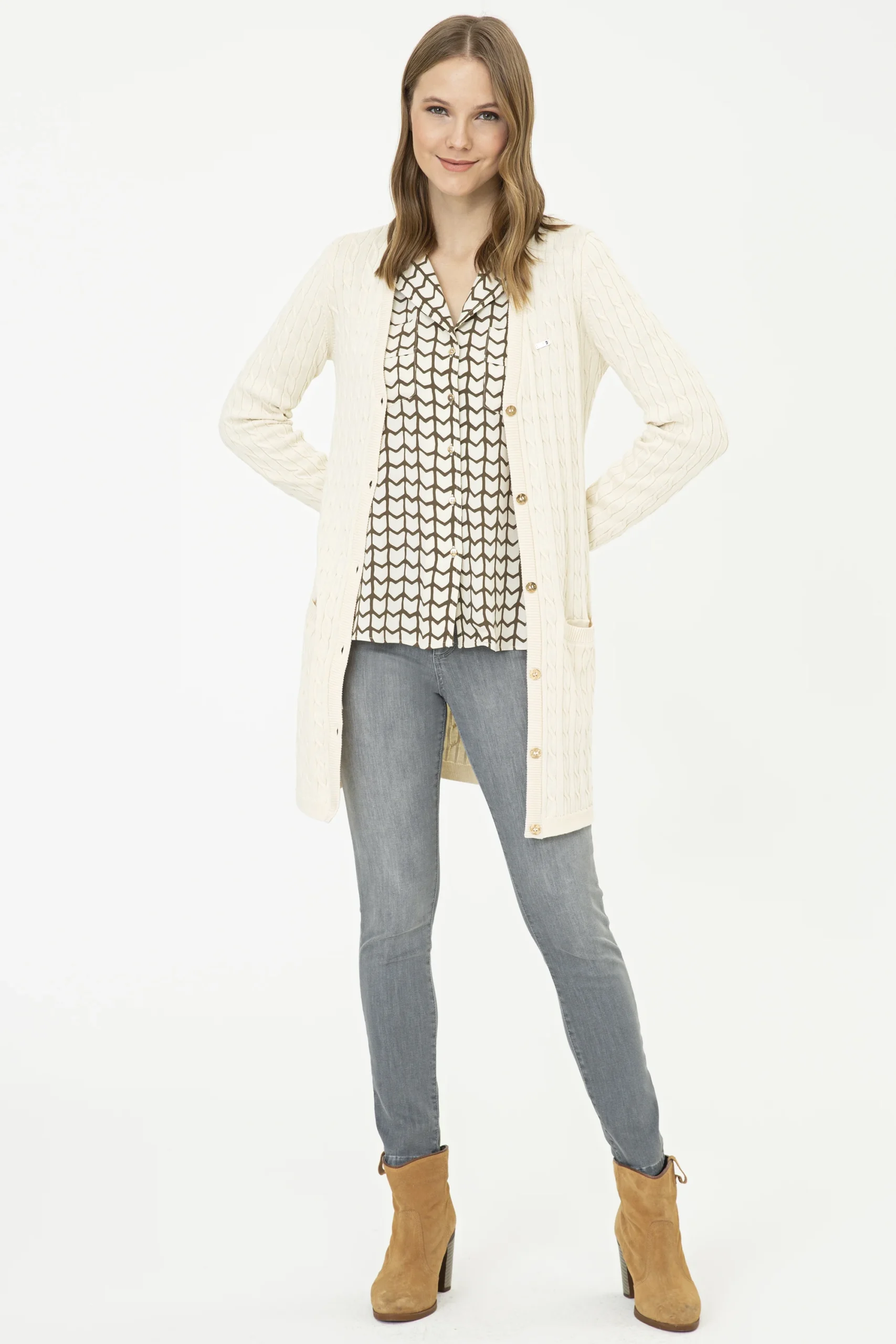 Cream Long Cardigan with Grey Skinny Jeans and Tan Ankle Boots