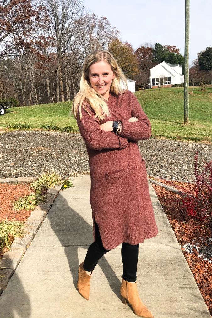 Burgundy Long Cardigan with Black Leggings and Beige Ankle Boots