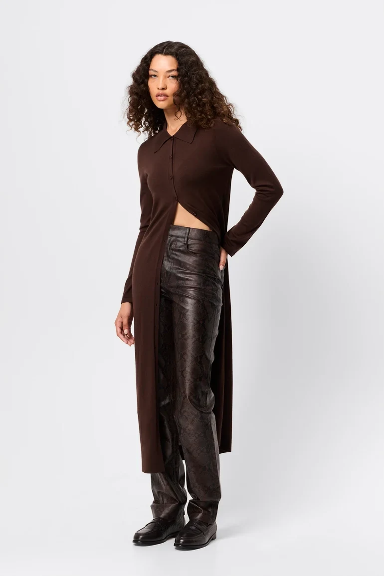 Chocolate Brown Long Cardigan with Brown Leather-look Trousers and Brown Ankle Boots