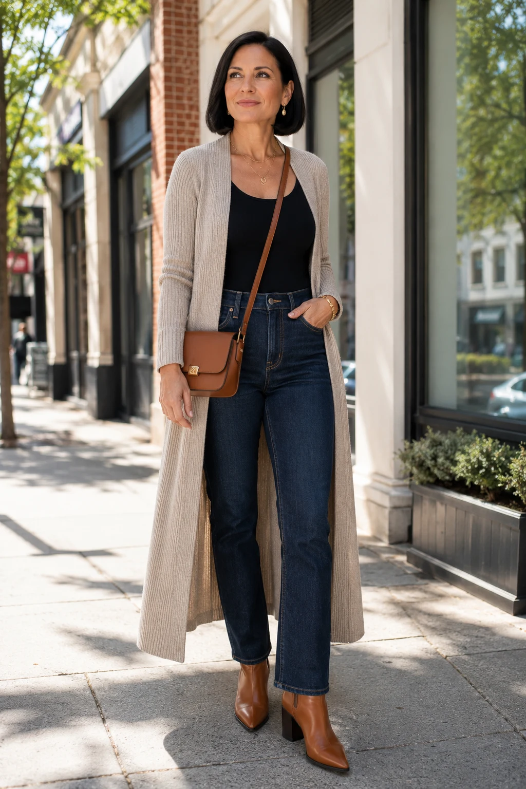Cream Long Cardigan with Navy Skinny Jeans and Brown Ankle Boots