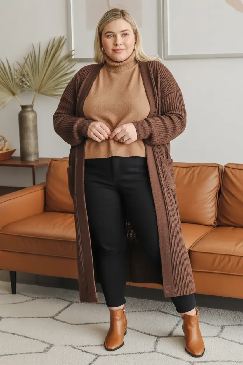 Chocolate Brown Long Cardigan with Black Trousers and Tan Ankle Boots
