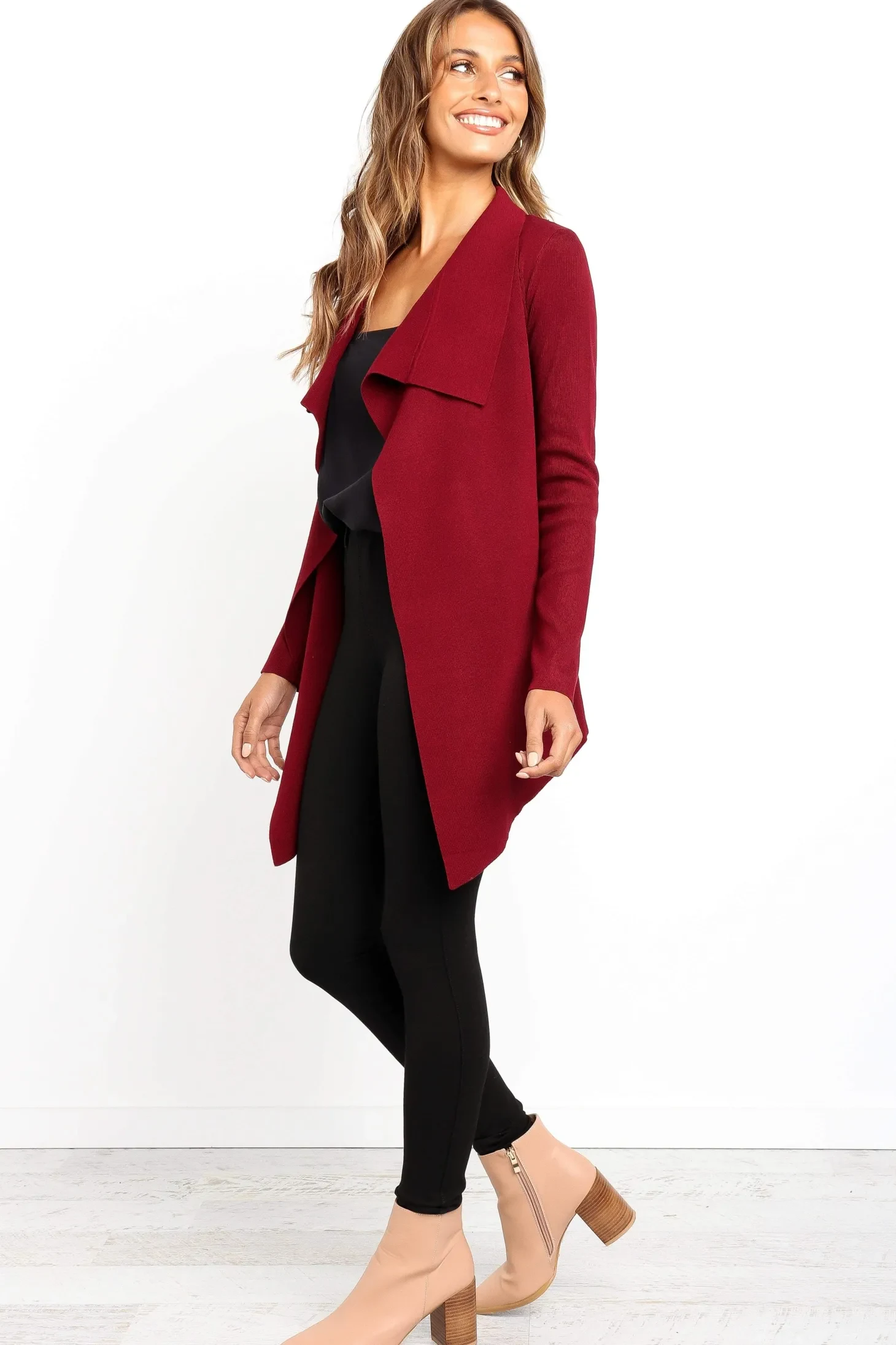 Burgundy Long Cardigan with Black Leggings and Tan Ankle Boots