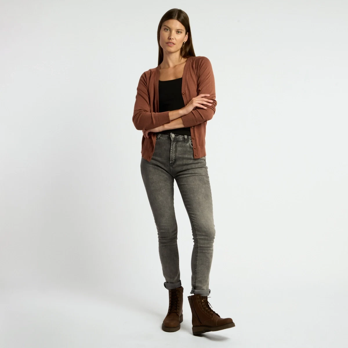 Rust Long Cardigan with Grey Skinny Jeans and Brown Ankle Boots