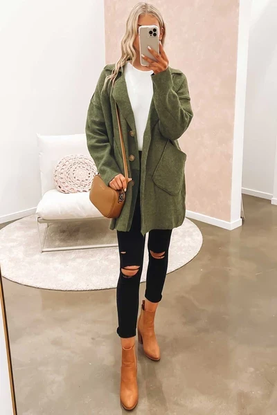 Olive Long Cardigan with Black Skinny Jeans and Tan Ankle Boots