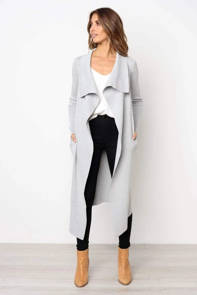 Grey Long Cardigan with Black Leggings and Tan Ankle Boots