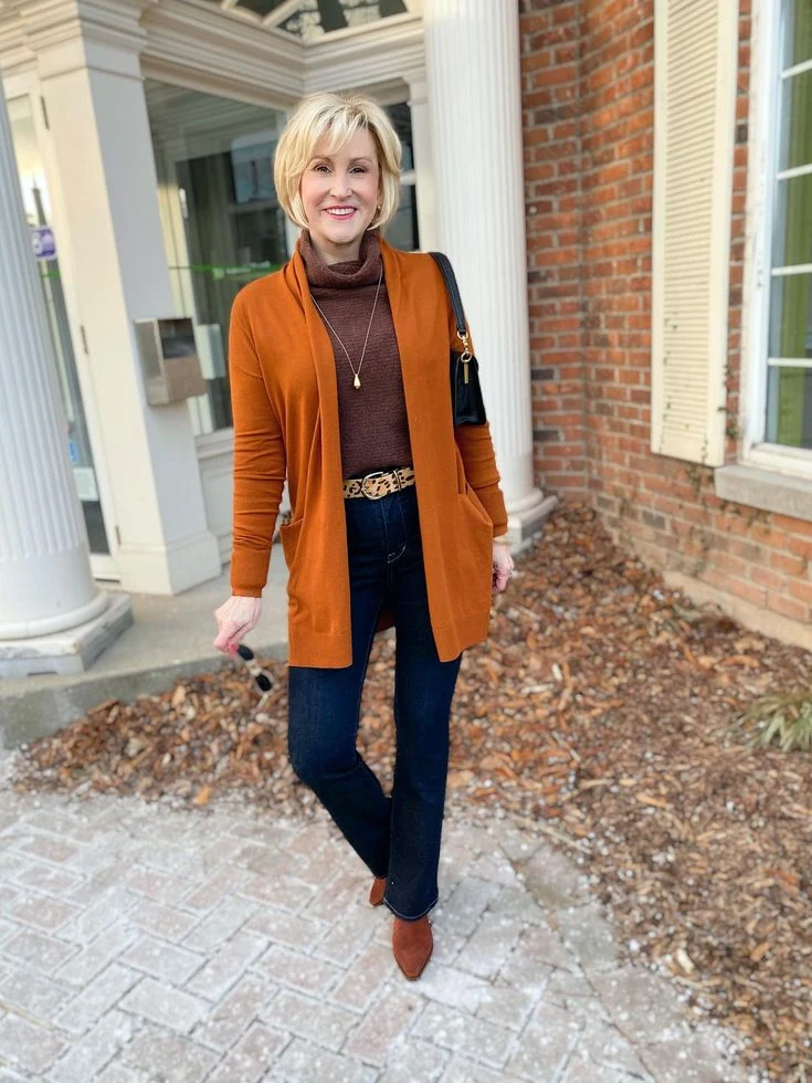 Rust Long Cardigan with Navy Skinny Jeans and Brown Ankle Boots