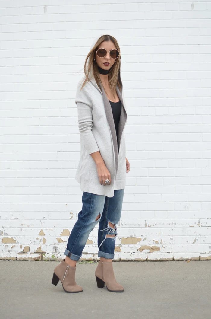 Grey Long Cardigan with Blue Jeans and Tan Ankle Boots