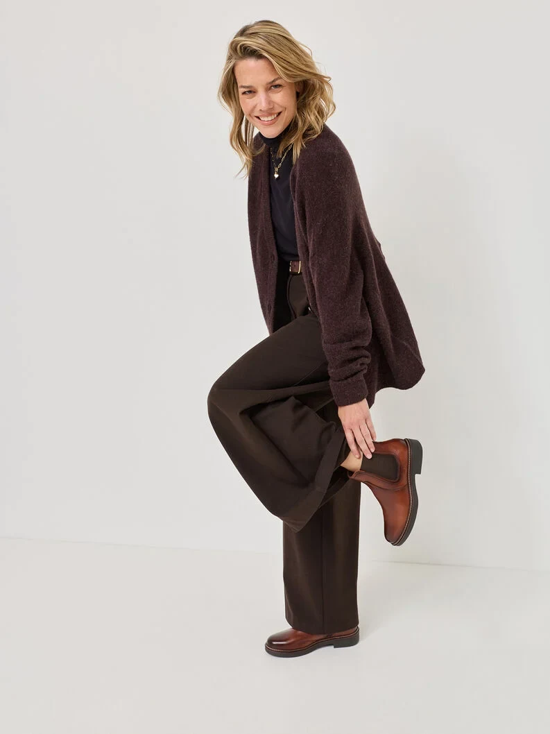 Chocolate Brown Long Cardigan with Brown Wide-leg Trousers and Brown Ankle Boots