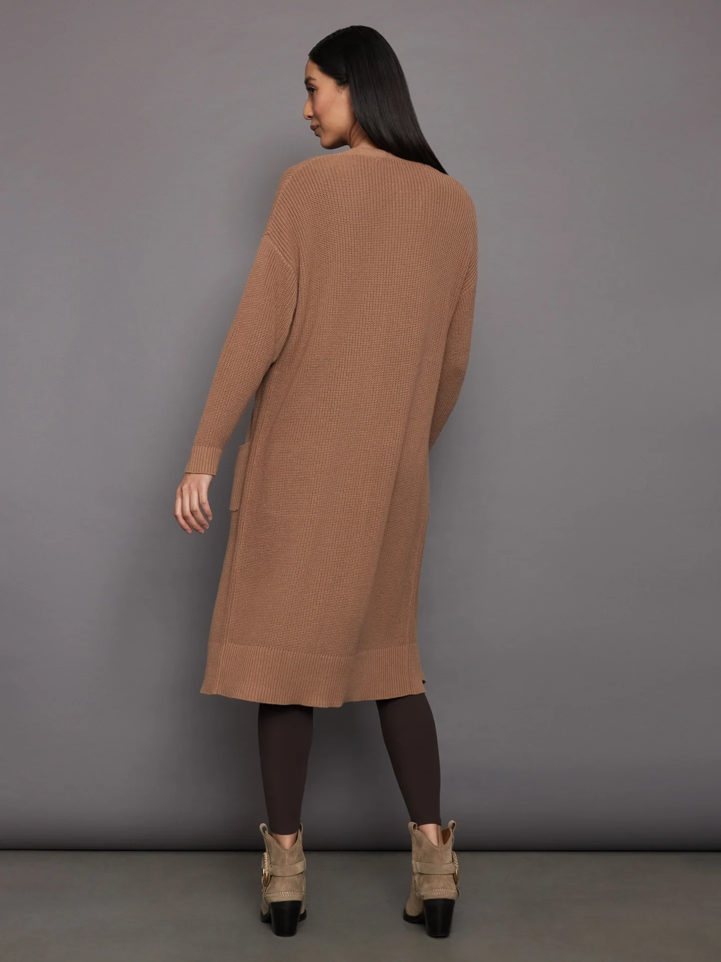 Chocolate Brown Long Cardigan with Black Leggings and Tan Ankle Boots