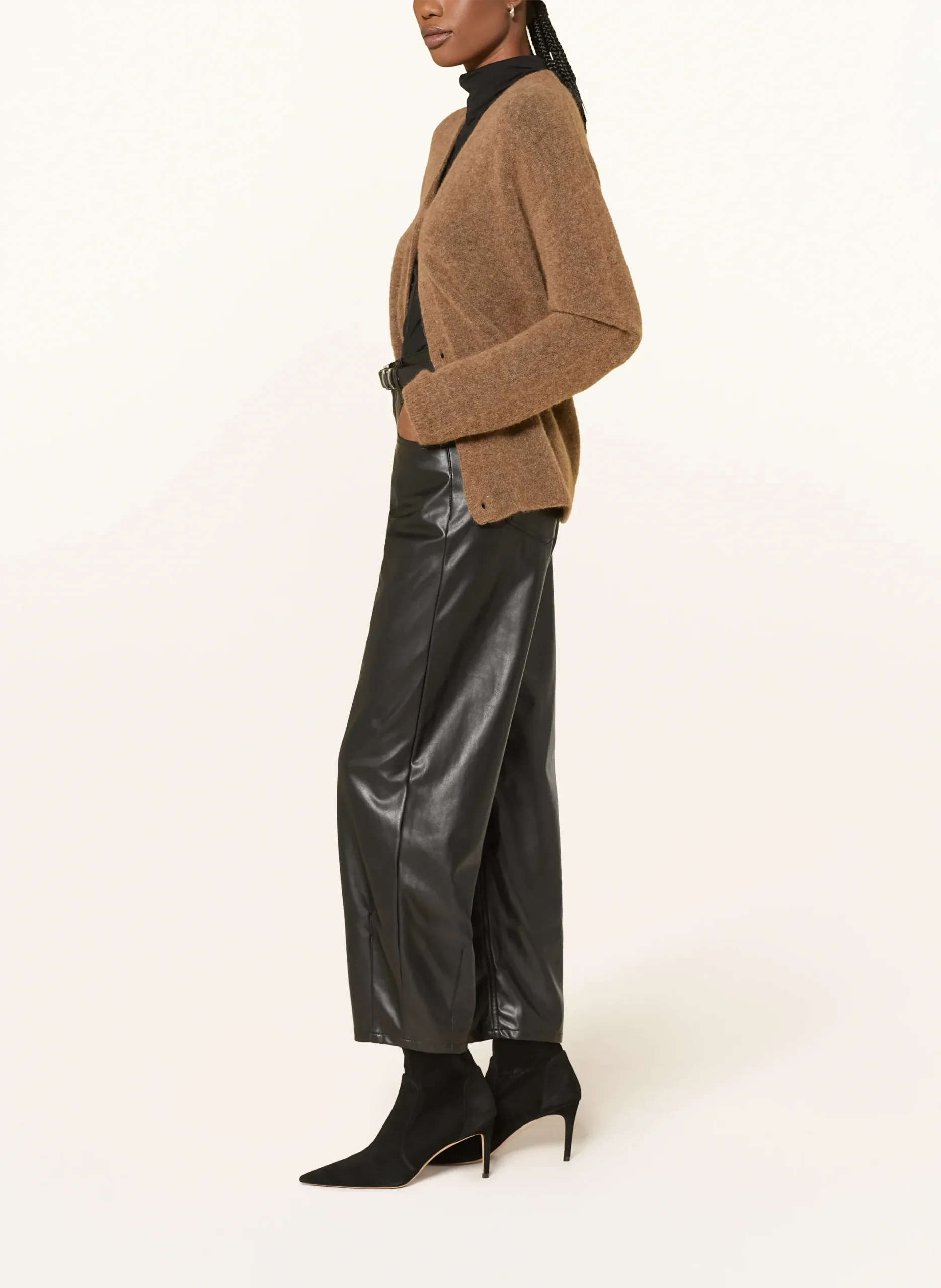 Camel Long Cardigan with Black Leather Trousers and Black Ankle Boots