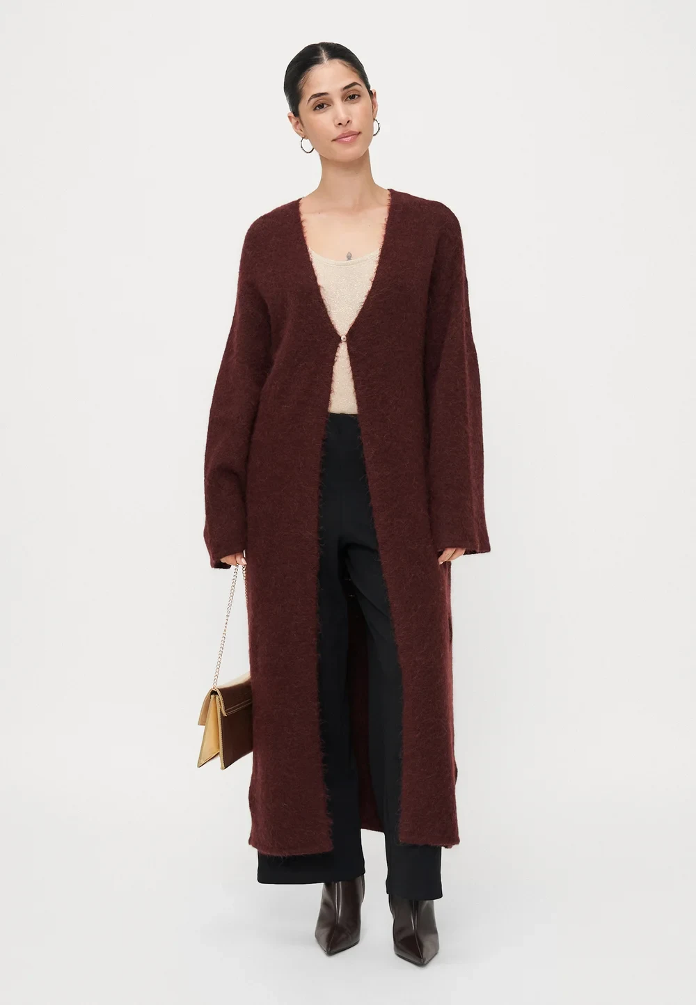Burgundy Long Cardigan with Black Wide-leg Trousers and Brown Ankle Boots