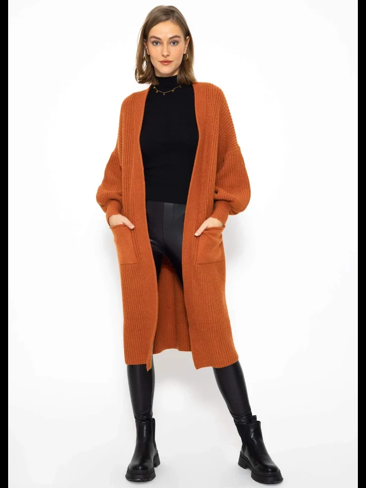 Rust Long Cardigan with Black Leggings and Black Ankle Boots