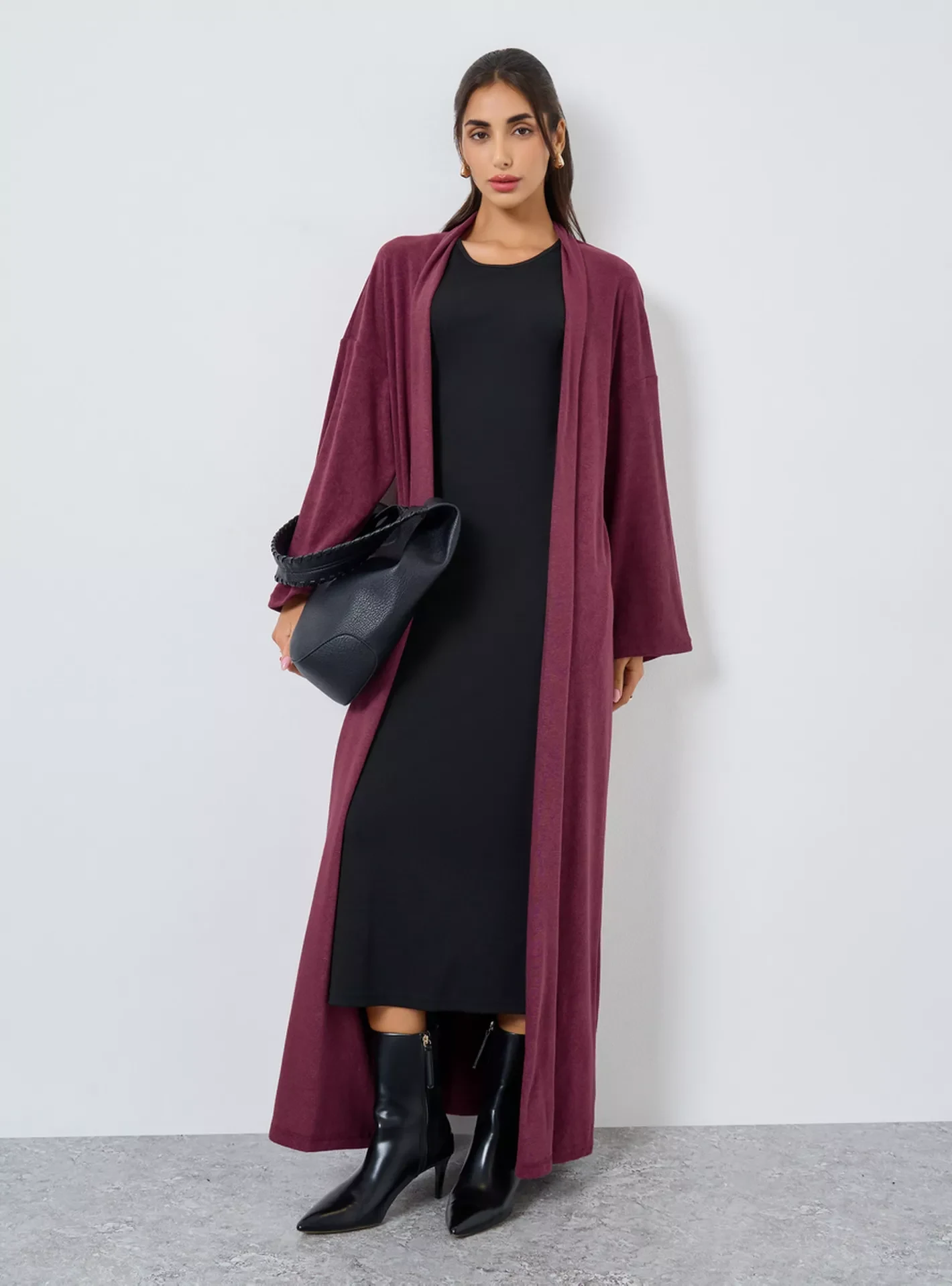 Burgundy Long Cardigan with Black Midi Skirt and Black Ankle Boots