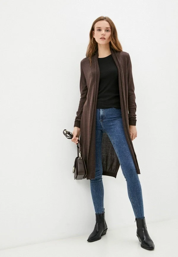 Chocolate Brown Long Cardigan with Blue Jeans and Black Ankle Boots