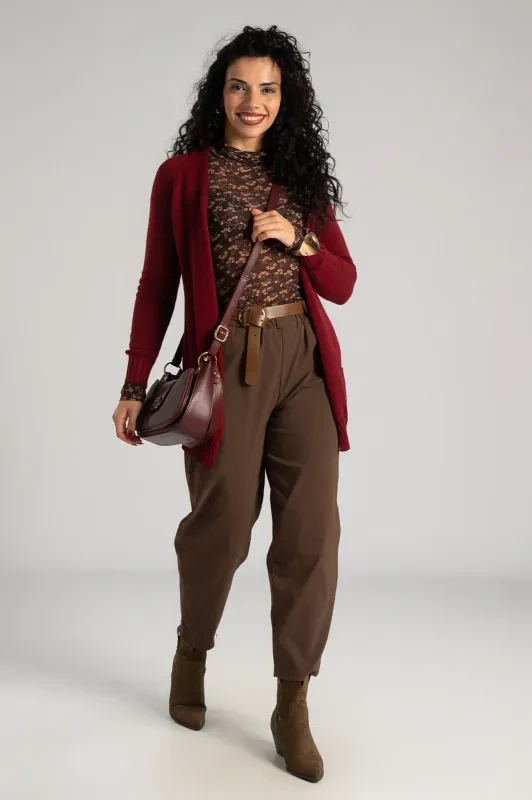 Burgundy Long Cardigan with Brown Trousers and Tan Ankle Boots
