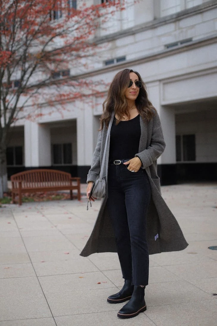 Charcoal Long Cardigan with Navy Skinny Jeans and Black Ankle Boots