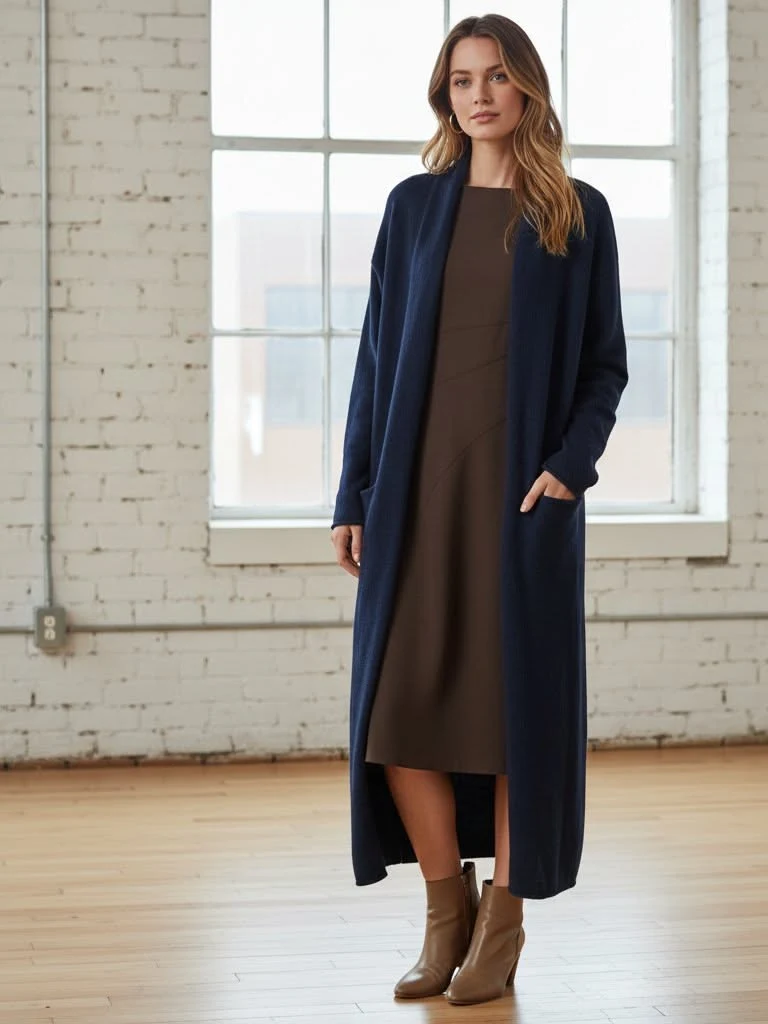 Navy Long Cardigan with a Brown Midi Dress and Tan Ankle Boots