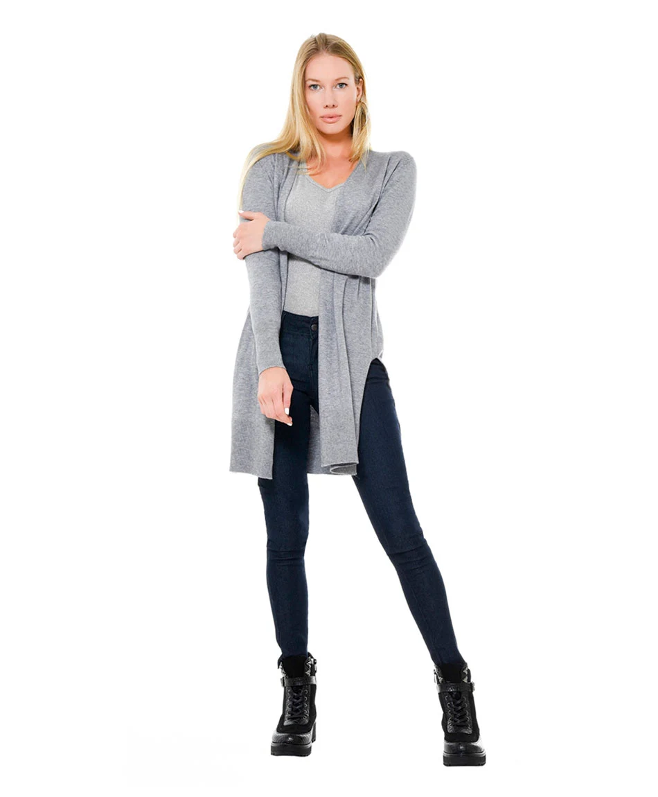 Grey Long Cardigan with Dark Blue Jeans and Black Suede Ankle Boots