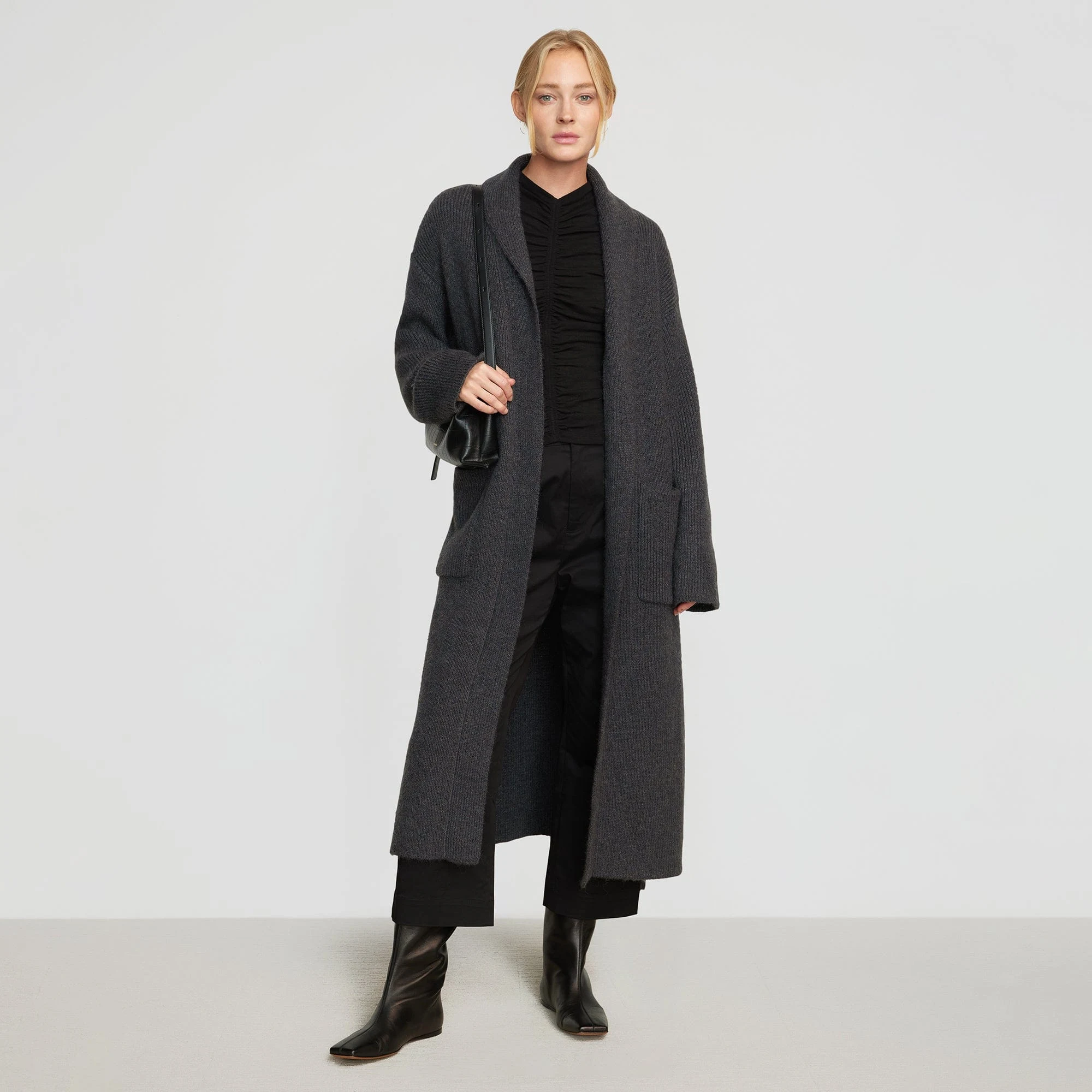 Charcoal Long Cardigan with Black Wide-leg Trousers and Black Ankle Boots