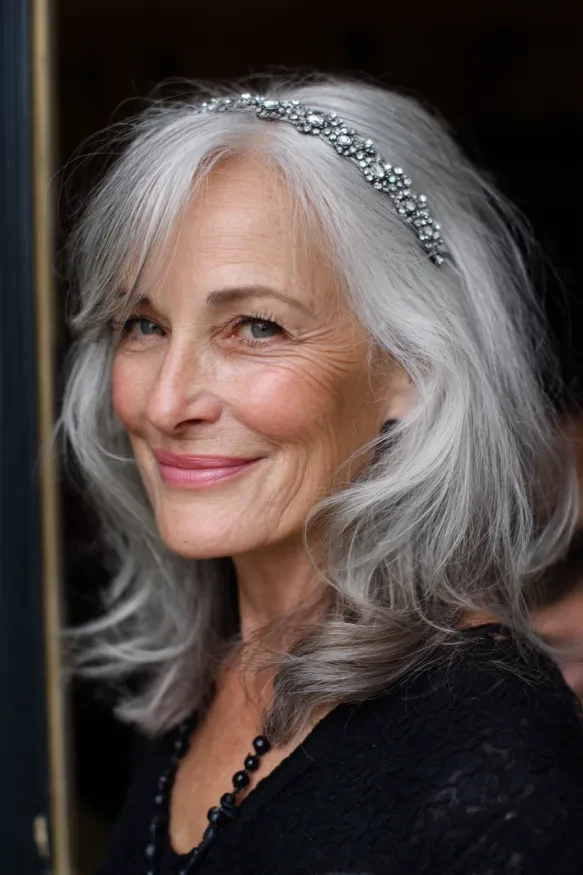 Slim Velvet Headband With Soft Silver Waves