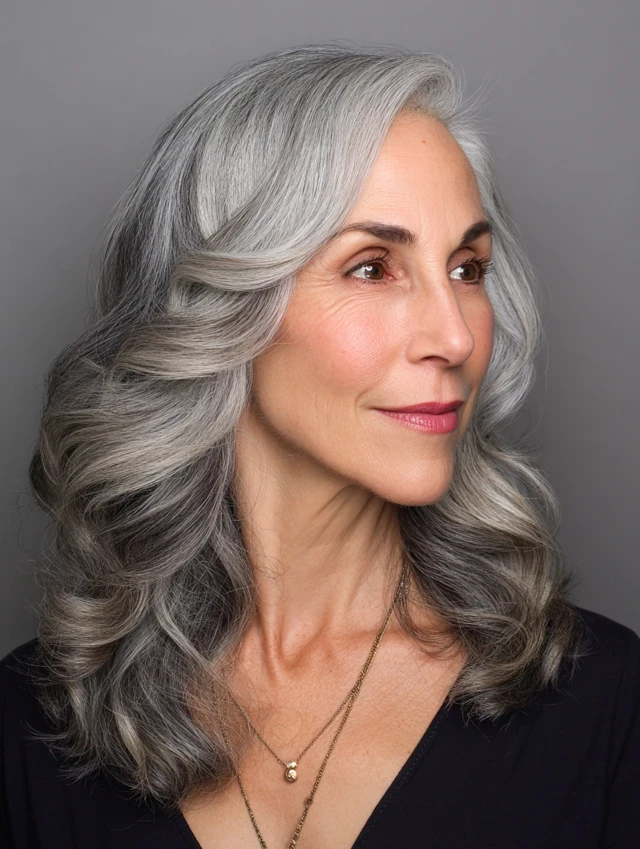 28 Winter Waves Hairstyles For Women Over 60 With Silver Hair And Shine That Are Chic, Soft and Flattering 5 Lustrous Silver Waves With A Polished Blow-Dry