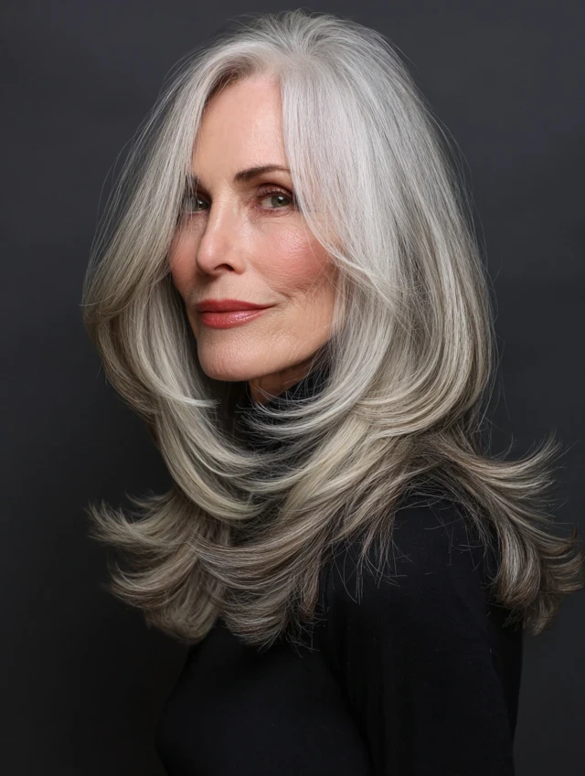 28 Winter Waves Hairstyles For Women Over 60 With Silver Hair And Shine That Are Chic, Soft and Flattering 14 Glossy Silver Layers With A Mirror Finish