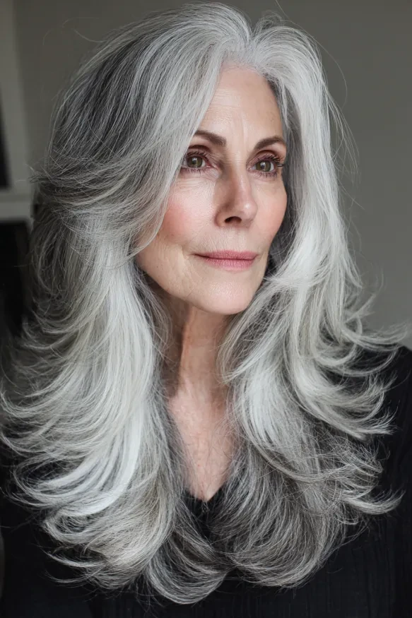 28 Winter Waves Hairstyles For Women Over 60 With Silver Hair And Shine That Are Chic, Soft and Flattering 15 Glossy Silver Layers With Soft Volume