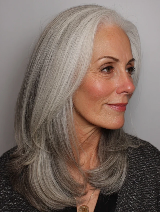 28 Winter Waves Hairstyles For Women Over 60 With Silver Hair And Shine That Are Chic, Soft and Flattering 16 Glossy Silver Layers With Gentle Movement