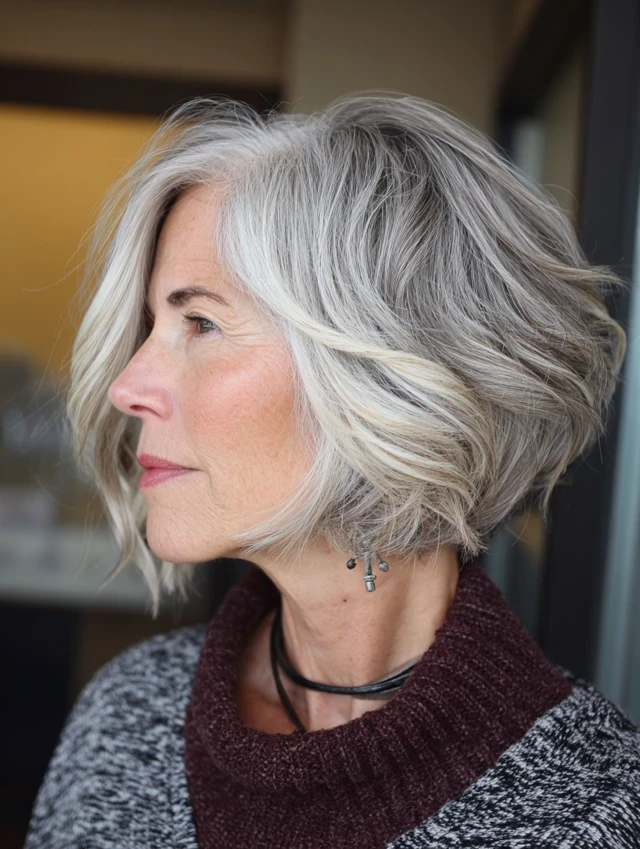 28 Winter Waves Hairstyles For Women Over 60 With Silver Hair And Shine That Are Chic, Soft and Flattering 17 Glossy Silver Layers With A Polished Blow-Dry